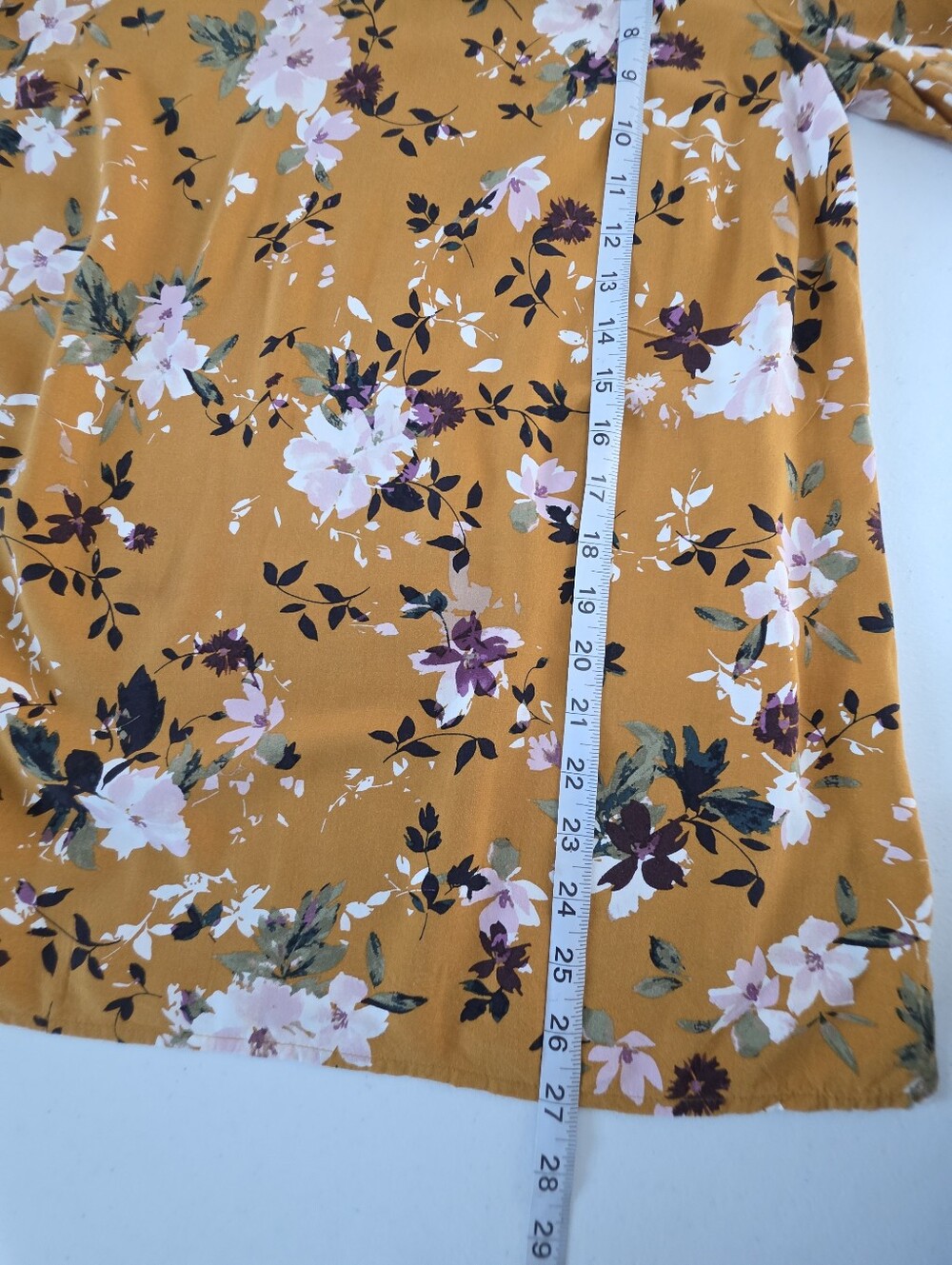 J.Jill Floral Tunic Top Women XS Mustard Yellow V Neck Bell Sleeve Rayon - Picture 9 of 10